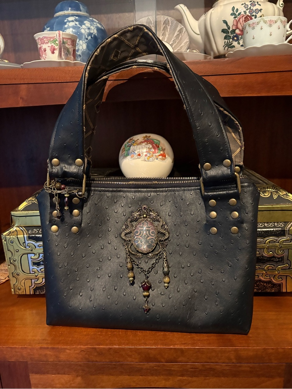 Gothic Baroque Black Embossed Top-Handle Bag with Ornate Pendant Accent